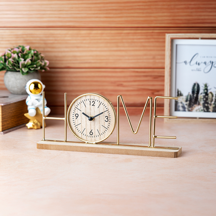 Wooden Metal Letter Clock - Home (Gold)