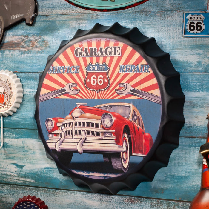 Bottle Caps wall decor sign - Garage Route 66 (14"x14")