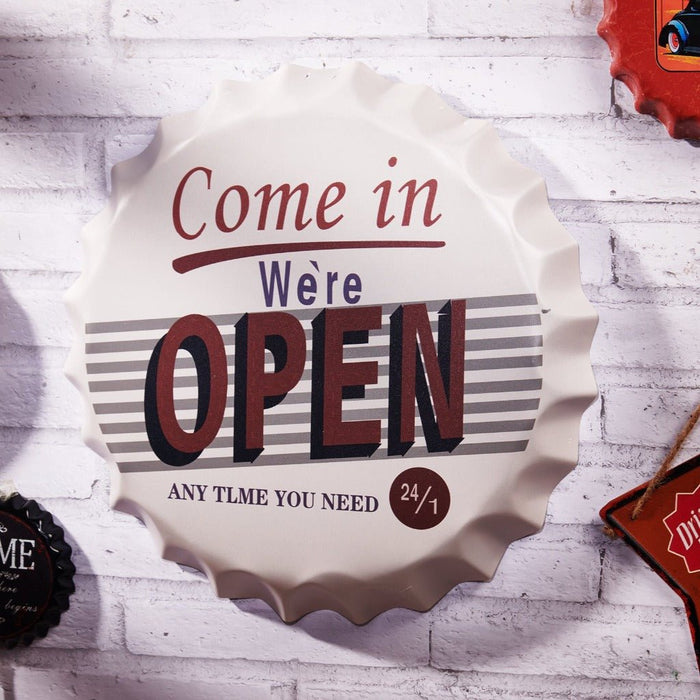 Bottle Caps wall sign - Come in we're Open (14"x14") - eazy wagon