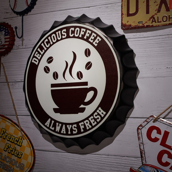 Bottle Caps wall decor sign - Delicious Coffee (14"x14")