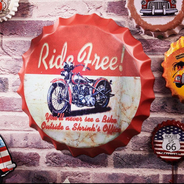 Bottle Caps wall sign - Ride Free Harley (14"x14") - eazy wagon