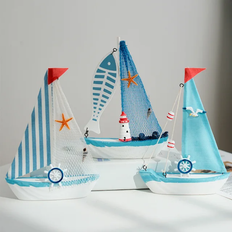 Mini Wooden Sailboat Model Decoration - Light Blue Border