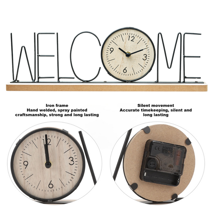 Wooden Metal Letter Clock - Welcome (Black)