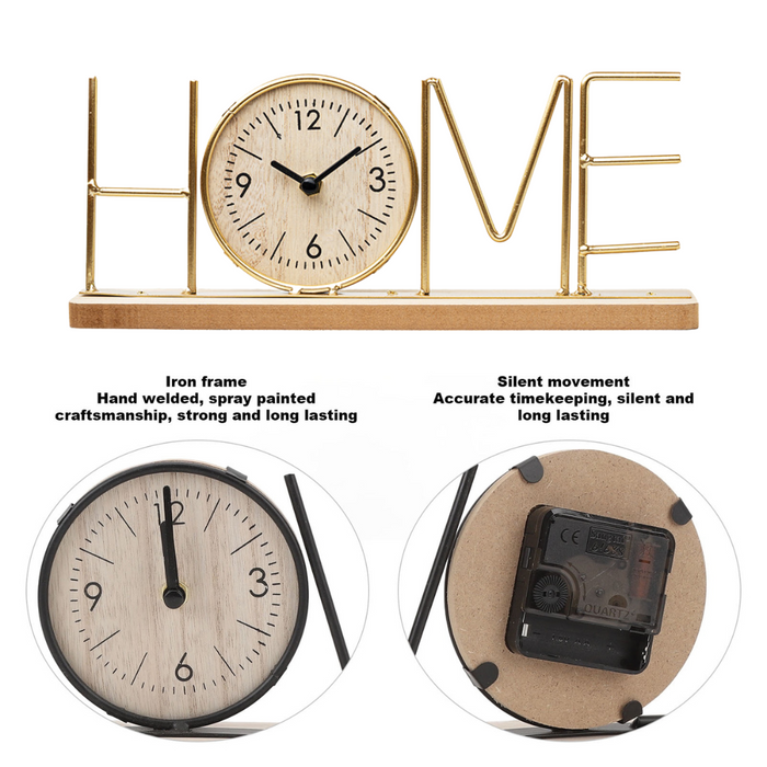 Wooden Metal Letter Clock - Home (Gold)