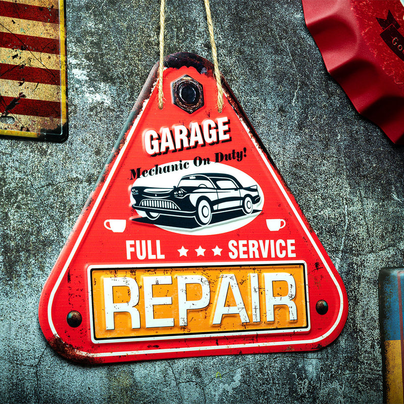 3D Metal Plates - Garage Triangle Car Service Red