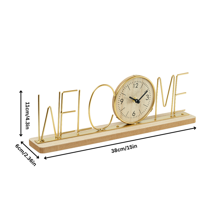 Wooden Metal Letter Clock - Welcome (Gold)