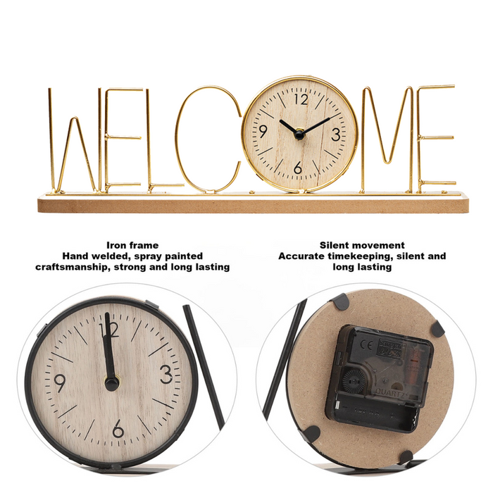 Wooden Metal Letter Clock - Welcome (Gold)