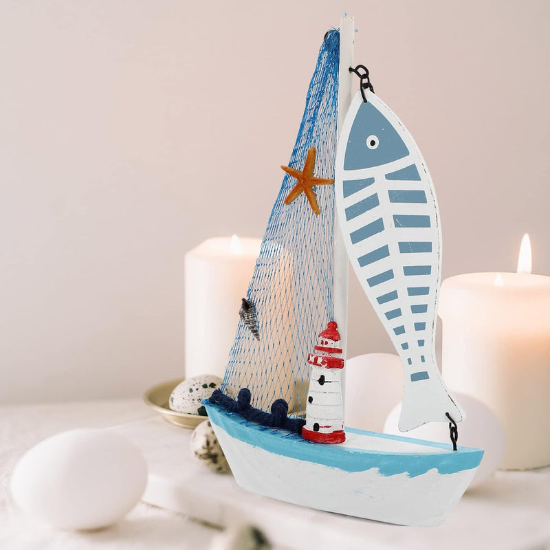 Mini Wooden Sailboat Model Decoration - Light Blue Border