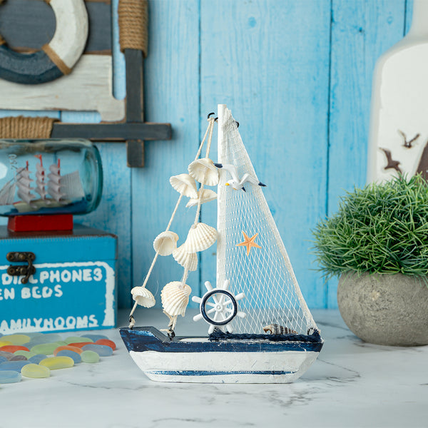 Mini Wooden Sailboat Model Decoration - Faded Blue