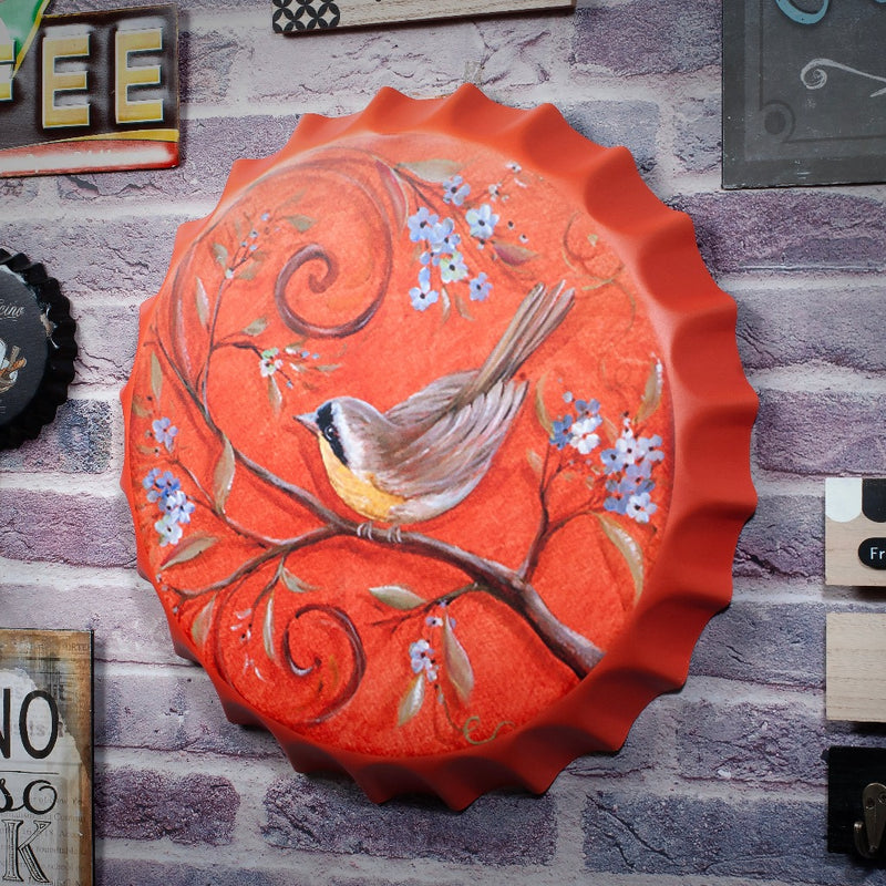 Bottle Caps wall decor sign - Orange Themed Bird (14"x14")