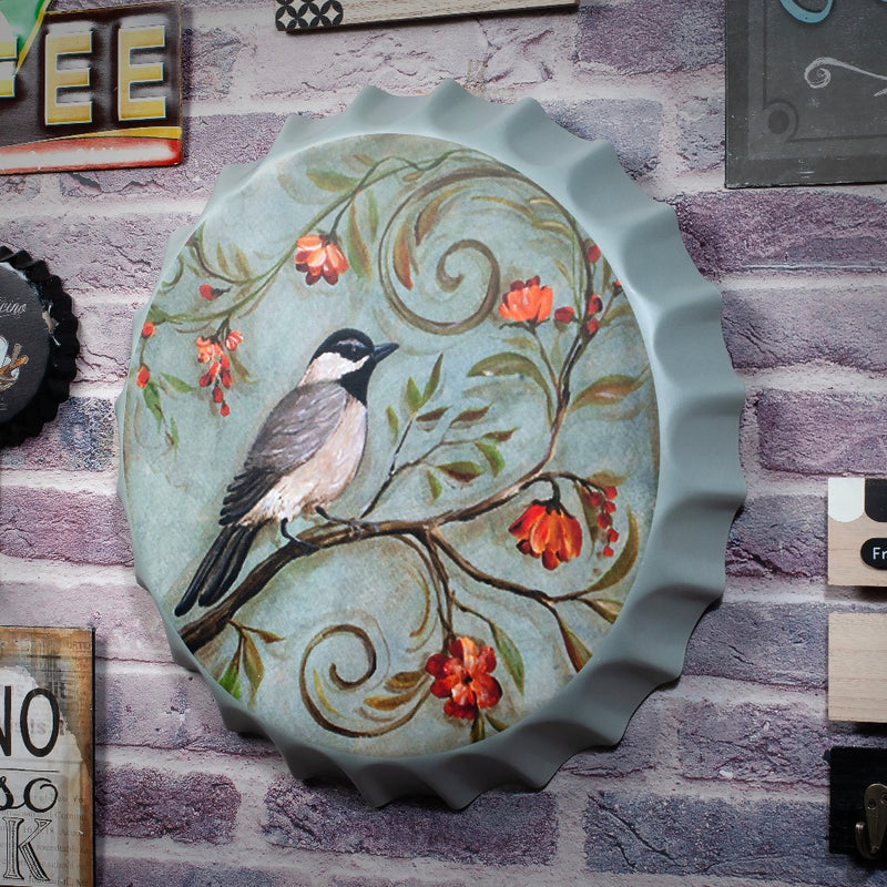 Bottle Caps wall decor sign - Grey Themed Bird (14"x14")