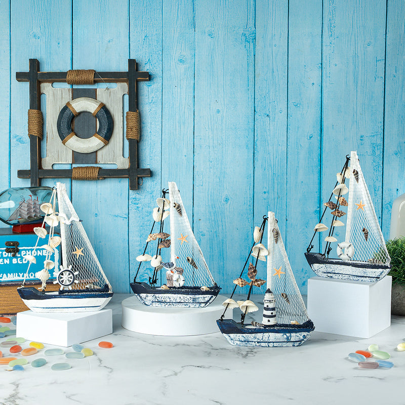 Mini Wooden Sailboat Model Decoration - Faded Blue