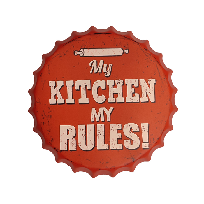 Bottle Caps wall decor sign - My Kitchen My Rules (14"x14")