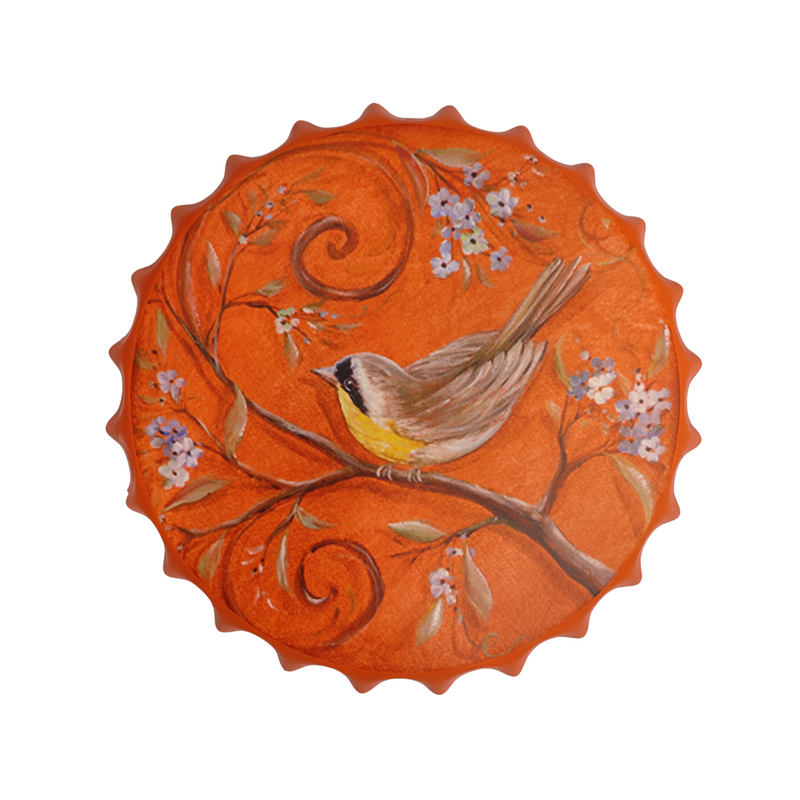 Bottle Caps wall decor sign - Orange Themed Bird (14"x14")