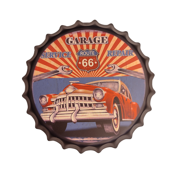 Bottle Caps wall decor sign - Garage Route 66 (14"x14")