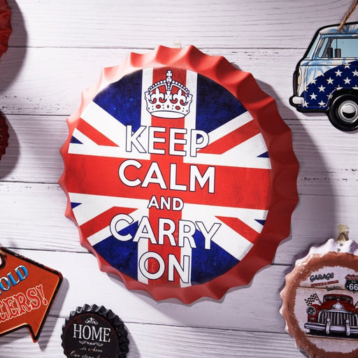 Bottle Caps vintage wall decor sign - Keep Calm and carry on (14"x14") - eazy wagon
