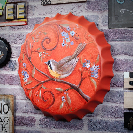 Bottle Caps wall decor sign - Orange Themed Bird (14"x14") - eazy wagon