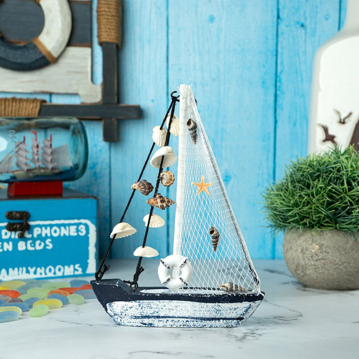 Mini Wooden Sailboat Model Decoration - Faded Blue - eazy wagon