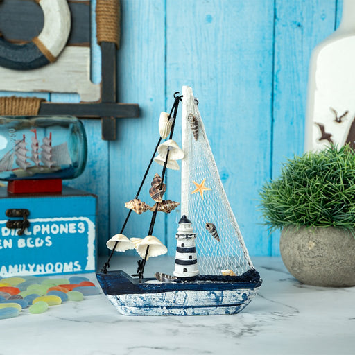Mini Wooden Sailboat Model Decoration - Faded Blue - eazy wagon