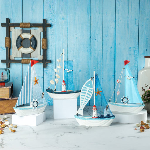 Mini Wooden Sailboat Model Decoration - Light Blue Border - eazy wagon
