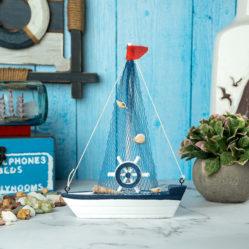 Mini Wooden Sailboat Model Decoration - Dark Blue Border