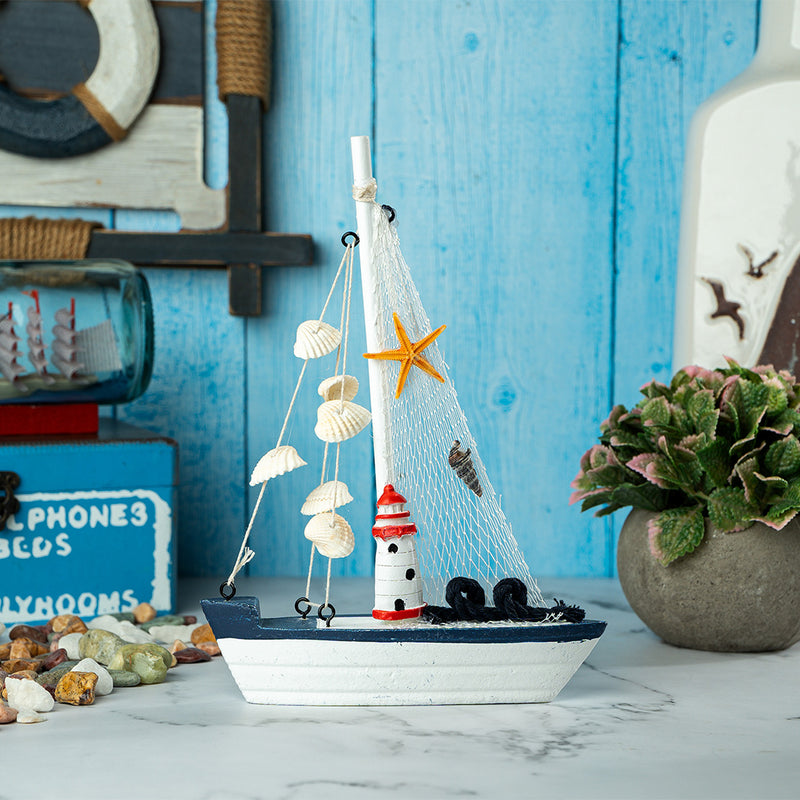 Mini Wooden Sailboat Model Decoration - Dark Blue Border