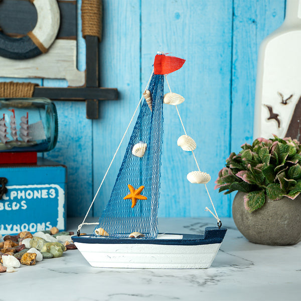 Mini Wooden Sailboat Model Decoration - Dark Blue Border