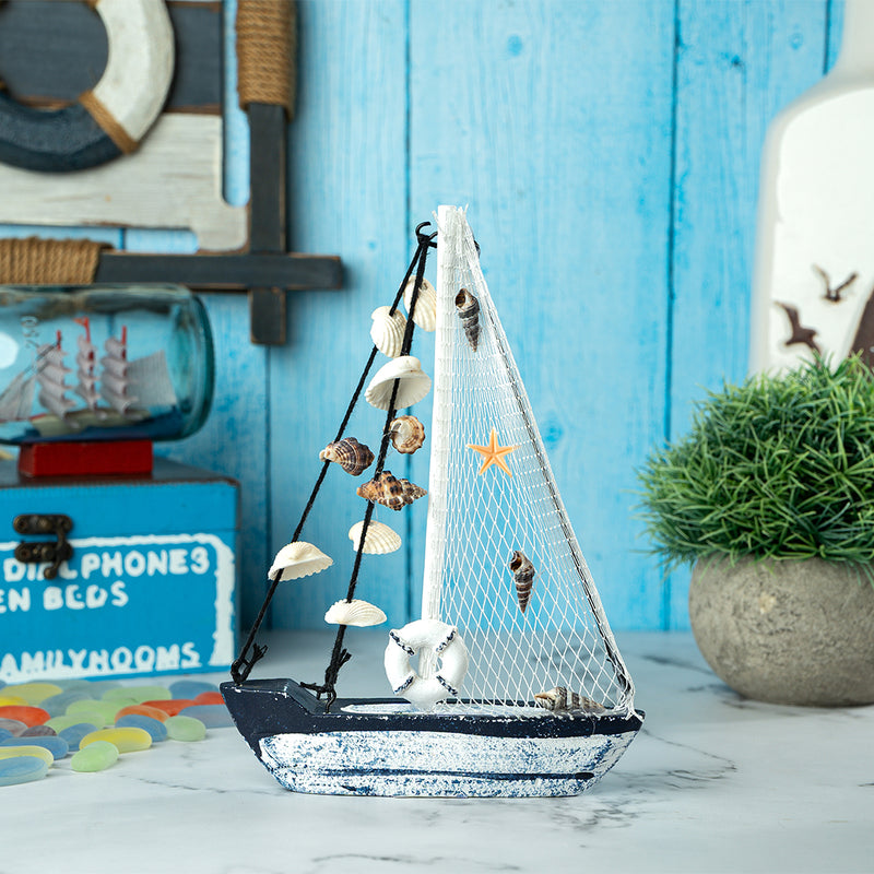 Mini Wooden Sailboat Model Decoration - Faded Blue