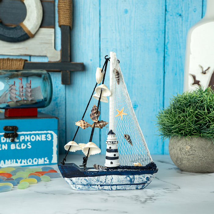 Mini Wooden Sailboat Model Decoration - Faded Blue