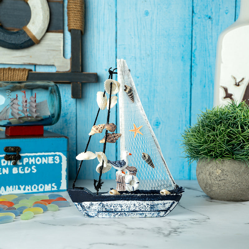 Mini Wooden Sailboat Model Decoration - Faded Blue