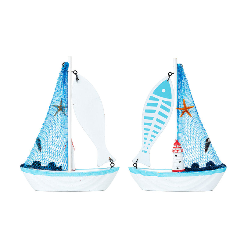 Mini Wooden Sailboat Model Decoration - Light Blue Border