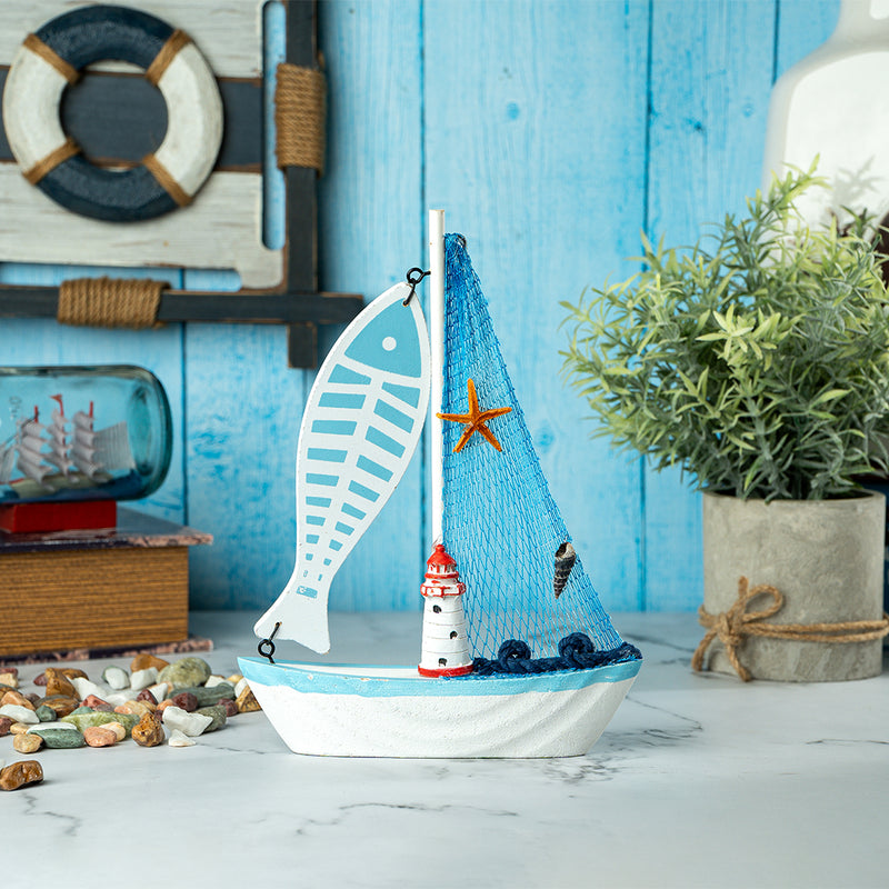 Mini Wooden Sailboat Model Decoration - Light Blue Border