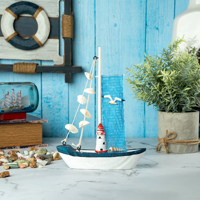 Mini Wooden Sailboat Model Decoration - Light Blue Border