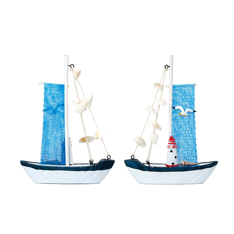 Mini Wooden Sailboat Model Decoration - Light Blue Border