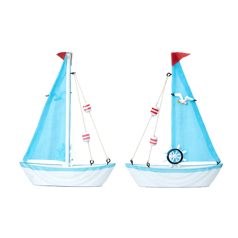 Mini Wooden Sailboat Model Decoration - Light Blue Border