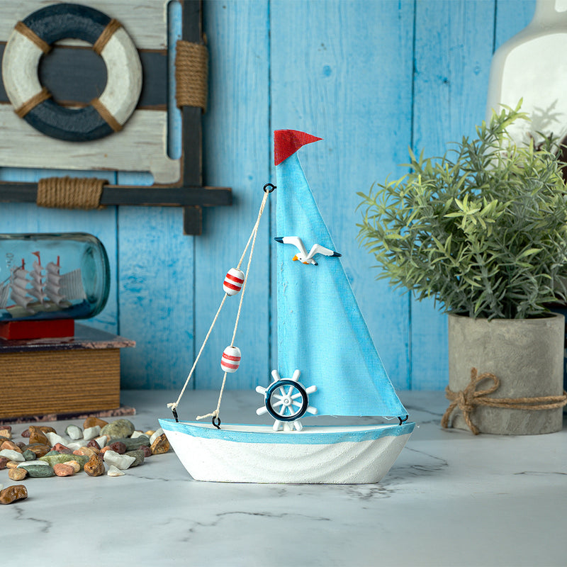 Mini Wooden Sailboat Model Decoration - Light Blue Border