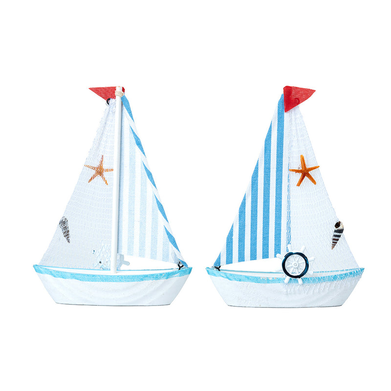 Mini Wooden Sailboat Model Decoration - Light Blue Border