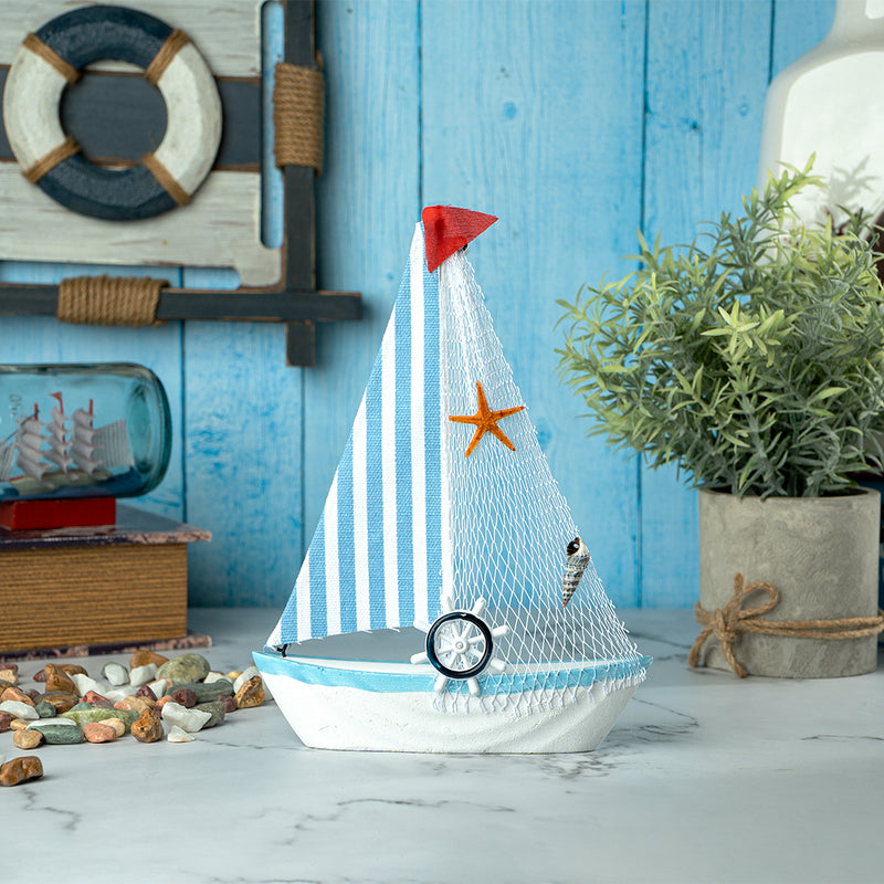 Mini Wooden Sailboat Model Decoration - Light Blue Border