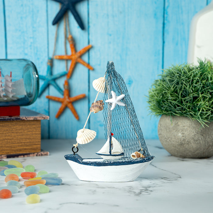 Mini Wooden Sailboat Model Decoration - Small Size Dark Blue