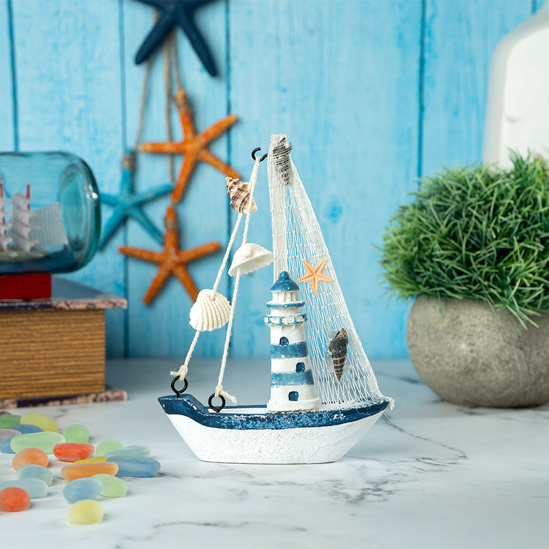 Mini Wooden Sailboat Model Decoration - Small Size Dark Blue