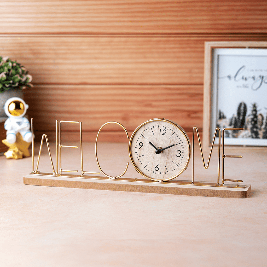 Wooden Metal Letter Clock - Welcome (Gold) — eazy wagon