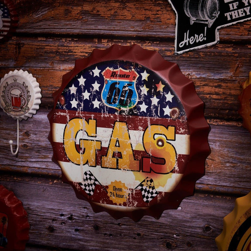 Bottle Caps wall sign - Route US 66 Gas (14"x14") - eazy wagon