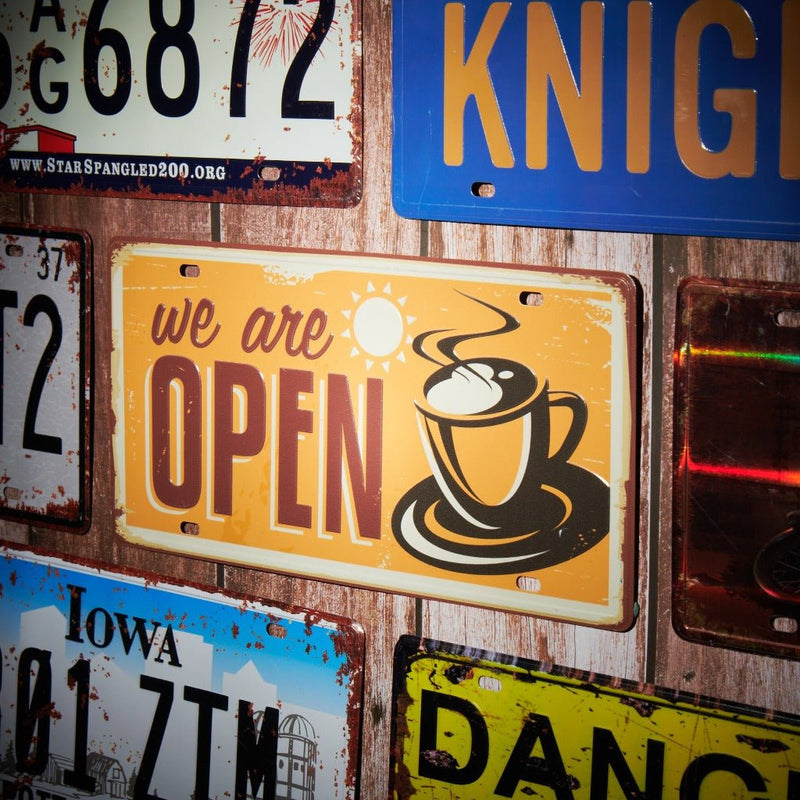 Number Plates wall sign - We are open Coffee